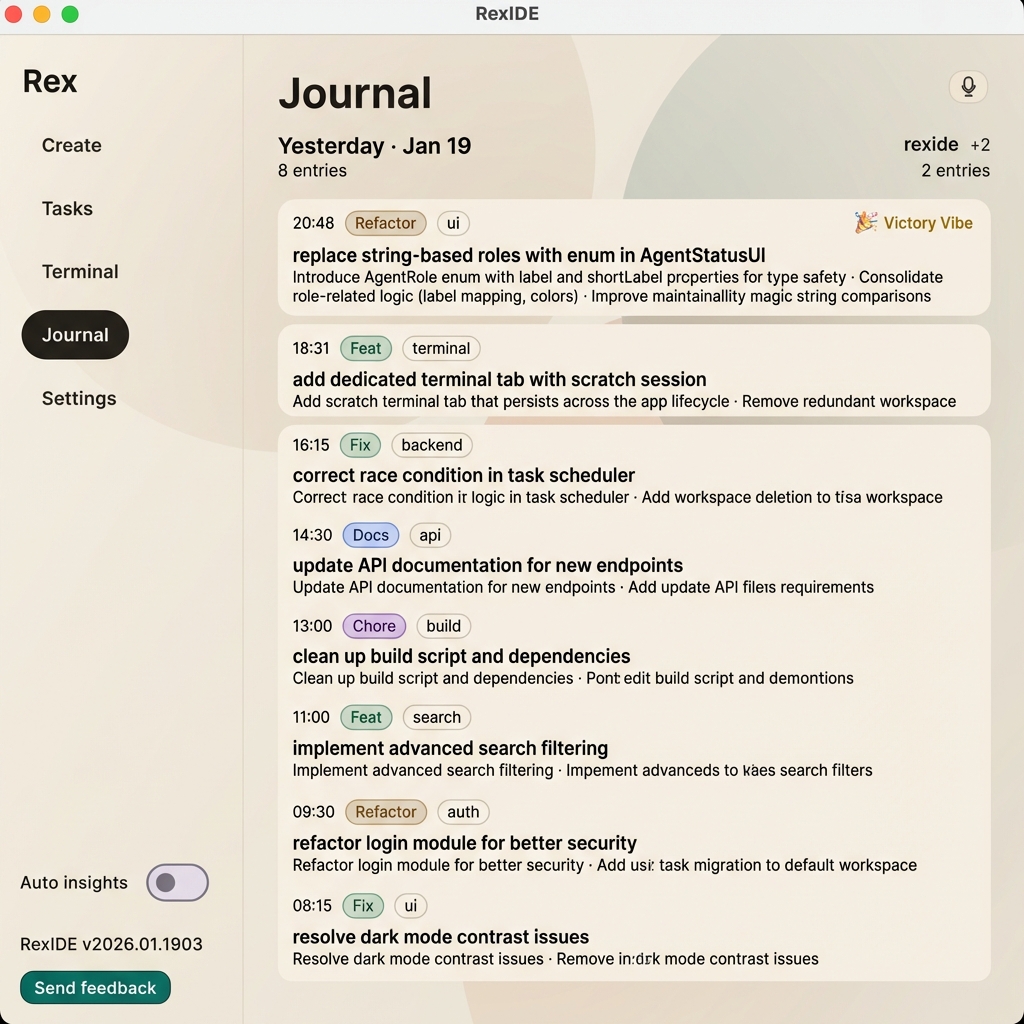 RexIDE Journal interface showing daily work tape